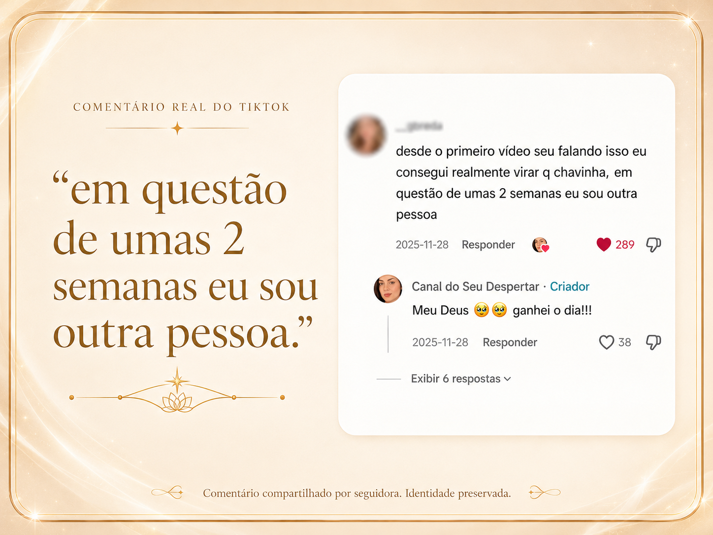 Comentário real de seguidora, identidade preservada